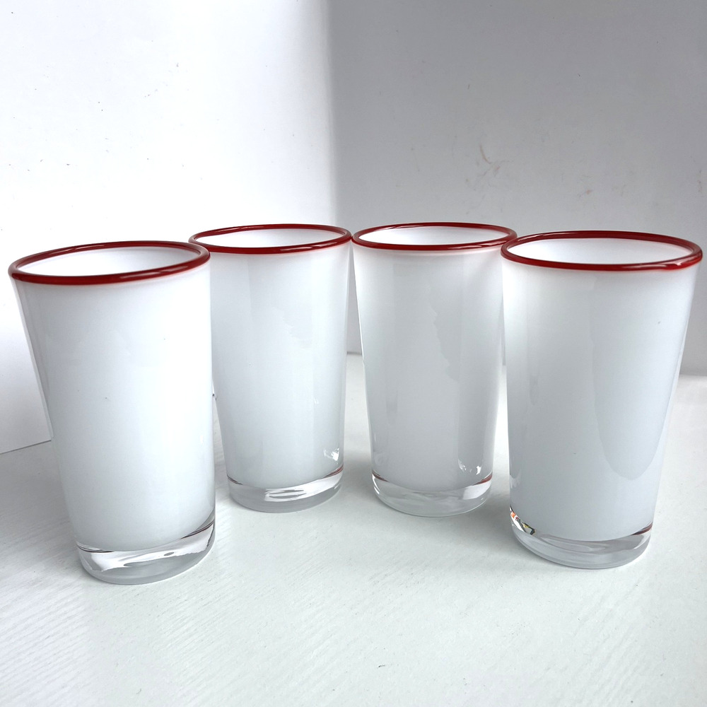 Villeroy Boch Cased Glass Tumblers Set 4 Red Rim Hand Blown White 6in Cups